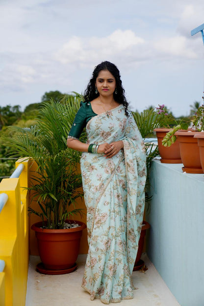 Chinnon digital printed saree with Pearl work and Cutwork border.(Prebook)🥳⏰